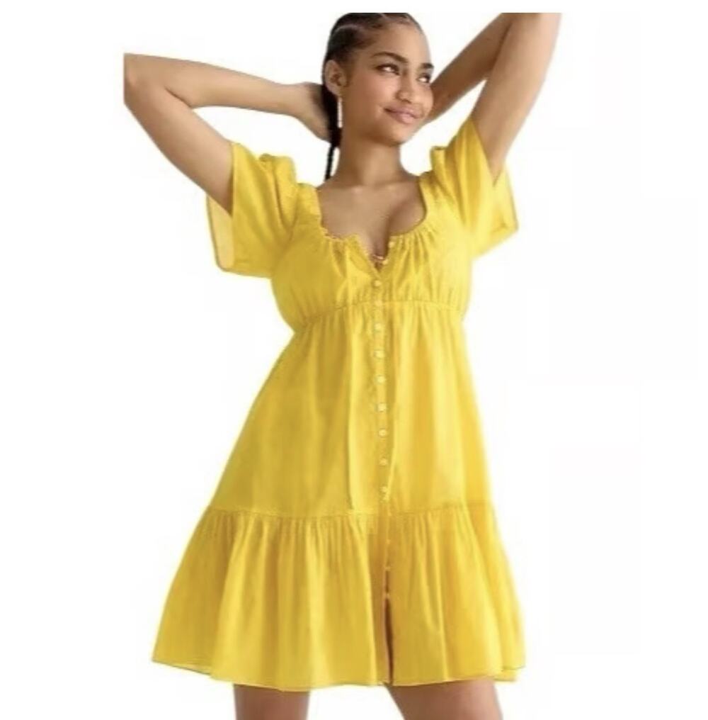 J.Crew Dress Size S Yellow Cotton Voile Tiered Button Beach Summer Lightweight